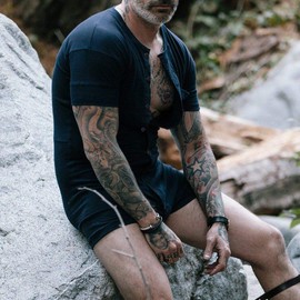 Muscle Alive Mens Short Sleeve Onesie Henley Jumpsuit Stretchy Cotton Ramper Black M