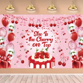 She's The Cherry On Top Theme Banner Cherry Coquette Bow Party Backdrop Summer Fruit Cherries Party Supplies for Girls Birthday Baby Shower
