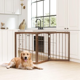 Giantex Freestanding Dog Gate for Small Medium Dogs, 63" W x 30" H Foldable 3-Panel Wooden Pet Gate, No Assembly Required, Indoor Safety Fence for Doorways, Stairs, Hallways, Bedrooms (Brown)