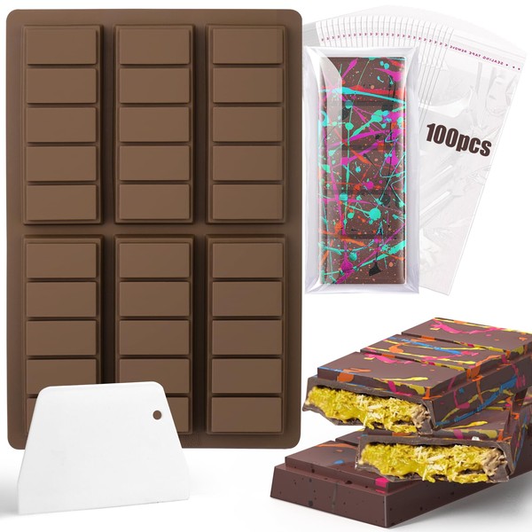 BABORUI 6 Cavities Chocolate Bar Mold Deep with 100Pcs Bags,