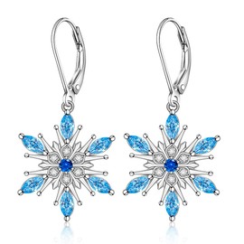 Sterling Silver Snowflake Earrings Christmas Earrings Blue Snowflake Leverback Dangle Drop for Women X Mas Gifts
