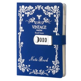 JunShop Lock Journal Diary Digital Password Notebook Leather Binder Diary with Combination Lock Print Bronzing (Blue)