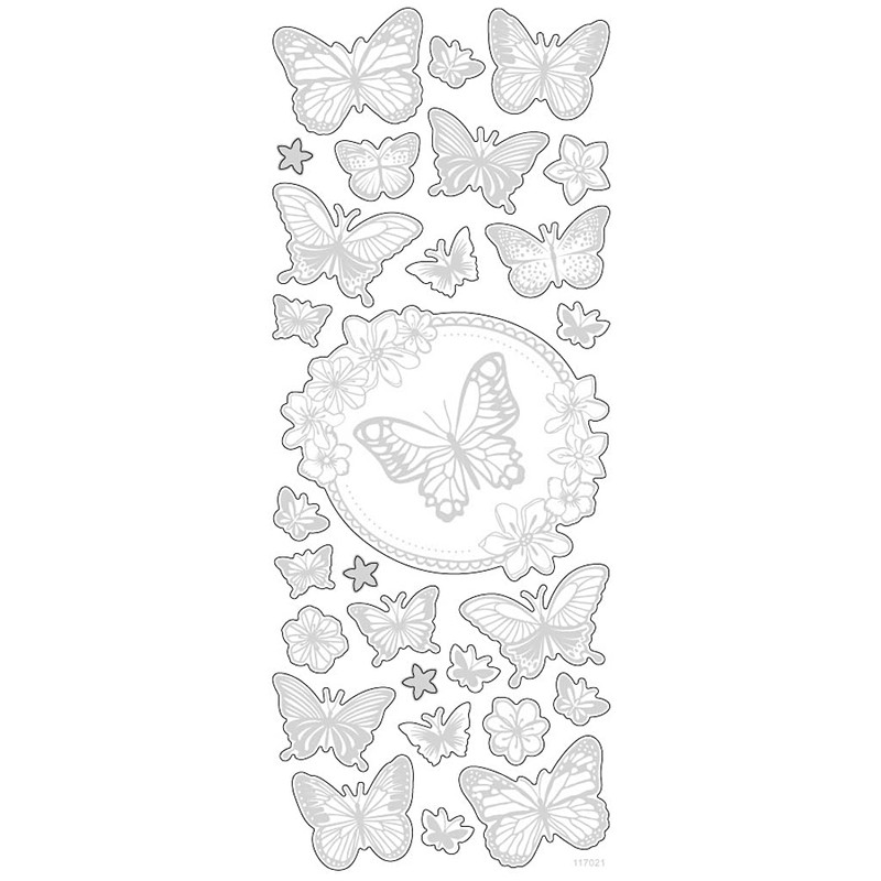 Stickers Butterflies, sheet 10x24 cm, approx. 28 pc, silver, butterflies,