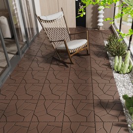 WONSHREE Plastic Interlocking Deck Tiles 12"x12" Waterproof Outdoor Patio Flooring PP Pavers Floor Tile for Garden Balcony Poolside Backyard All Weather Use, Stone Pattern, Pack of 44, Red Brown