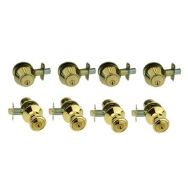 NU-Set Lock | Double Cylinder Deadbolt Keyed Alike Lock & Door Knob Combo | 4 Pack Door Knob & Deadbolt Lock Set | Home Improvement & Door Hardware (US3 Brass Finishing)