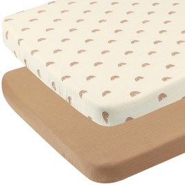 Muslin Bassinet Sheets 35" X 20" Compatiable with AMKE 3 in 1 Bassinets, MiClassic, Uiuwoo, Foalom, YADAQE, Milliard and TCBunny Bassinet, 100% Cotton Breathable and Soft 2 Pack, Natural and Rainbow