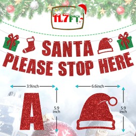 Santa Please Stop Here Banner, Happy Birthday Jesus/Happy Festivus, Winter Christmas Birthday Party Decoration Supplies, Red Glitter