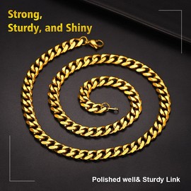 Prosteel Curb Chain Necklace Men's Classic 3/6/9/12 mm Wide Cuban Link Chain Men's Hip-Hop Chain Necklace for Men Boys Stainless Steel 18 Carat Gold-Plated 36/46/51/55/61/66/71/76 cm, Gold Plated