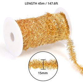 BELLE VOUS gold Christmas Plastic Tinsel Garland - 45m / 147.6ft Long, 15mm Thin Twist Glitter Tinsel - Xmas Supplies for Christmas Tree, Holiday and New Year Party Decorations