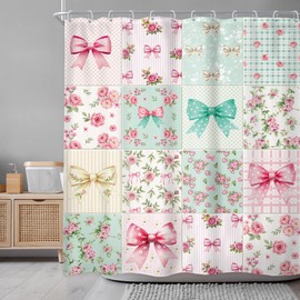 Newsely Boho Bow Floral Shower Curtain 72Wx72L Inch Cute Retro Checkered Patchwork Colorful Flower Pink Green Coquette Girly Bathroom Set Girls Woman Waterproof Bath Decoration Accessories Home Decor