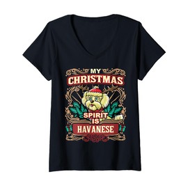 Womens Havanese My Christmas Spirit Dog Santa Claus Elf Reindeer V-Neck T-Shirt