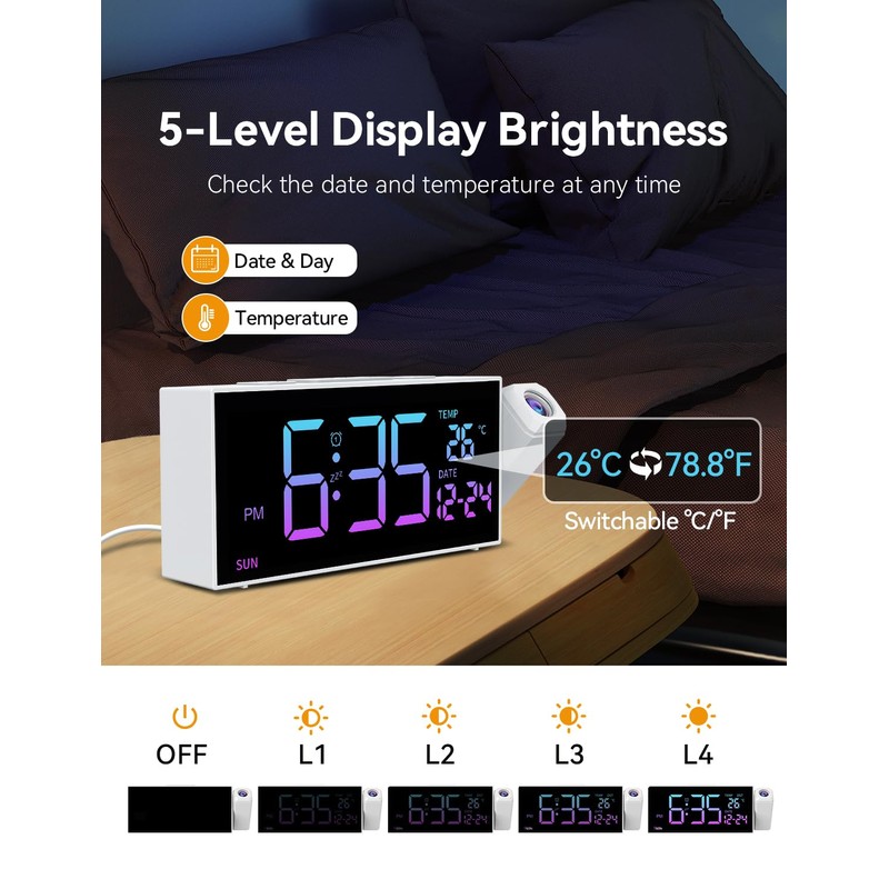 Netzu Projection Alarm Clock, Digital Clock with 350° Rotatable Projector,