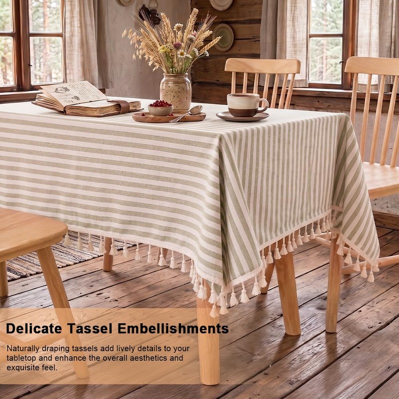 NUTKIT 140*140cm Table Cloth Square Stripe Tassels Tablecloth(Light Yellow)