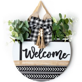 Welcome Sign for Front Door Decor - Walasis Hanging Welcome Signs for All Season Boho Wall Decoration 12inch Wooden Farmhouse Eucalyptus Wreath with Bow Beads for Home