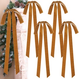 Joottuan 8 Pcs Khaki Velvet Christmas Bows 23.6×8.7 Inch Christmas Wreath Bows Rustic Crafts Gift Bows Vintage Velvet Ribbon Bows for Christmas Tree Indoor Outdoor Decoration