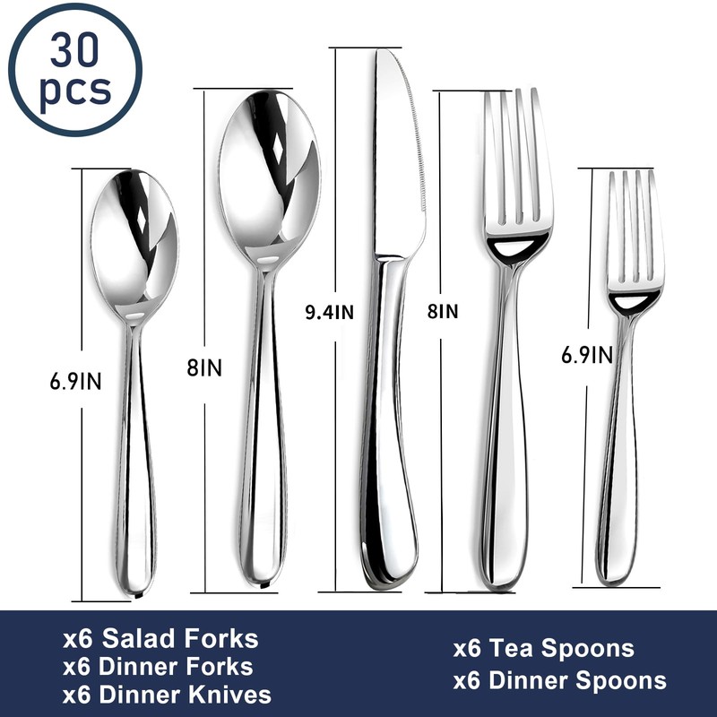 STILLOYE Heavy Duty Silverware Set for 6, 30 Piece Premium