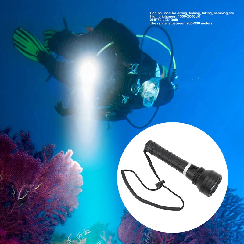 Underwater Flashlight High Brightness 1500 to 2000LM IPX8 Waterproof XHP70