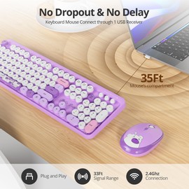 Mosptnspg 2.4G Colorful Keyboard, 104 Key Wireless Purple Customized Membrane Round keycaps Retro Typewriter Office Keyboard for PC/Mac/Laptop/Tablet/Computer Windows (Purple)