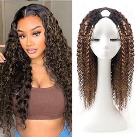 Ainmeys Curly V Part Wigs Ombre Brown V Shape Wigs for Black Women No Leave Out Lace Front Wigs Upgrade U Part Wigs Glueless Full Head Clip In Half Wigs(#FB30 30IN)
