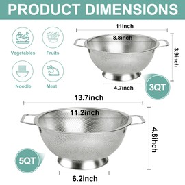 Kaishun Colander Stainless Steel Set(5-Quart and 3-Quart), Kitchen Strainer for Pasta, Fruits Vegetables, Dishwasher Safe