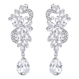 BriLove Wedding Bridal Earrings for Women Bohemian Rhinestone Crystal Flower Teardrop Bling Dangle Chandelier Clear Silver-Tone
