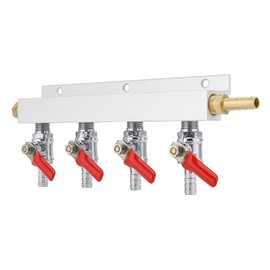 Ferroday 4 Way Gas Manifold 5/16" Barbed Integrated Check Valves CO2 Distributor Independent Shut Off 4 Way CO2 Manifold Gas Distributor for Home Brew Beer Gas Manifold Kegerator Manifold + 5 Clamps