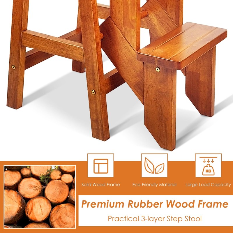 BETTARY 3-Step Folding Wooden Step Stool, Portable Anti-Slip Step Ladder,