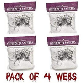 [Pack of 4 White Webs] Halloween Decoration Props Spider Webs including Plastic Spiders Party Decorations 4x White Coloured Webs
