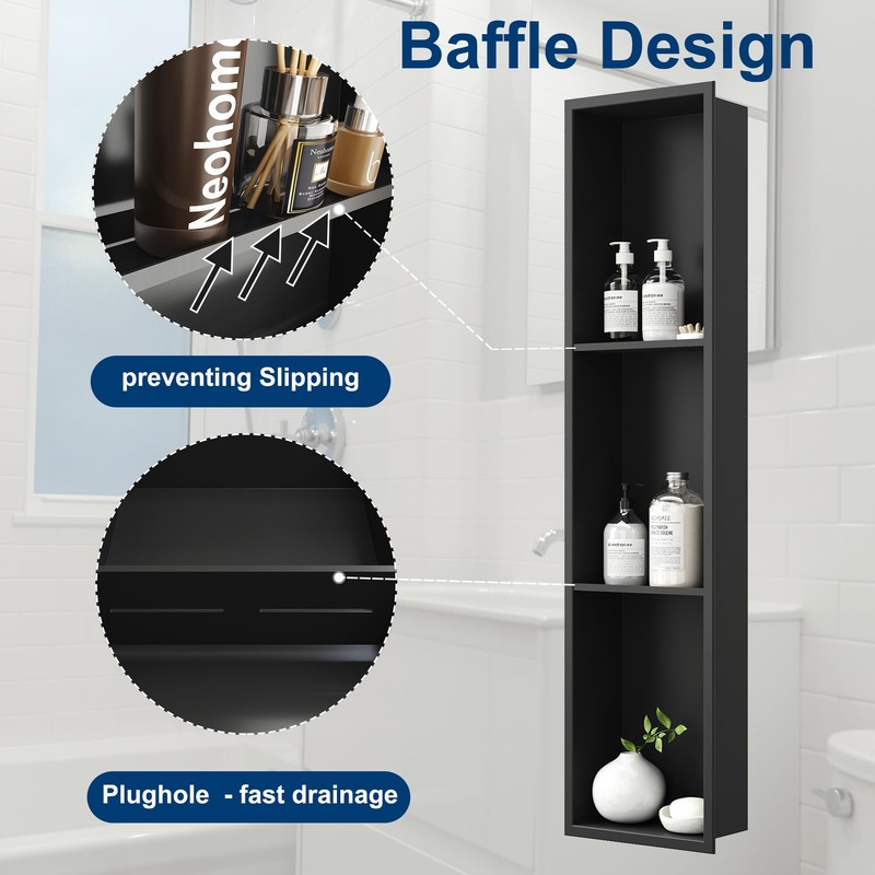 Neodrain 8X36 Inch Matte Black Three Layers Shower Niche, Stainless
