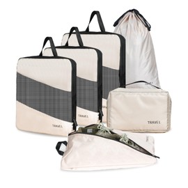 6 Set Compression Packing Cubes for Travel, Upgrade Travel Accessories for Suitcase Organizer Bags Set, Expandable Packing Organizers, Lightweight Vacation Organizer Travel Bags (Beige)