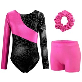 XiaoMoSha Dreiteiliges Gymnastikanzug für Mädchen, langärmelig, mit Shorts und Haarband, Glitzer, Ballett-Tanzeinteiler, Farbverlauf, Farbdesign, Gymnastik-Outfits, rosarot, schwarz, 5–6 Jahre