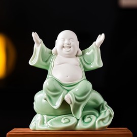 ARBTOTCE Green Laughing Buddha Statue 8.2" Tall, Ceramic Lucky Happy Buddha Statue Sitting on Money Bag for Good Luck and Prosperity, Feng Shui Decor Home Office Car Indoor/Outdoor Decoration