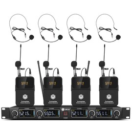 W IN-MIX UHF 4 Channel Wireless Microphone System with Cordless Handheld Lavalier Headset Mics, Adjustable Frequency, Long Range 260ft, Ideal for Church,Karaoke,Weddings, Events