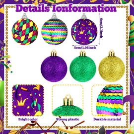 Shappy 24 Pcs Mardi Gras Ball Ornaments Purple Green Yellow Carnival Tree Ornament Decorative Hanging Ornaments Shatterproof Sequin Tree Balls for Party Holiday Masquerade (Classic Style)