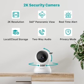 Septekon Indoor Pan/Tilt Security Camera for Baby Monitor, 2K 3MP Pet Camera with Night Vision, Motion Detection, Cloud Storage, Compatible with Alexa, White