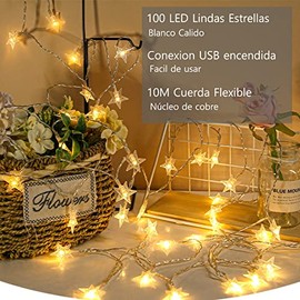 Guirnaldas Luces Led de Estrellas Decorativas,10M con 100 Estrella LED,Tira Led Blancas Cálidas,Puerto USB Luces para la Navidad,Luces de Estrellas para Bodas,Halloween,Decoración de Habitaciones.