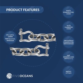 Five Oceans 1/4" x 5' Boat Anchor Chain with 2 Stainless Steel Shackles, G4 High Test Stainless Steel Chain - FO4492-S5
