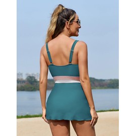 SHEKINI Women's V-Neck One Piece Swimdress Colour Block Mesh Swimsuits Drawstring Side, dark green, S