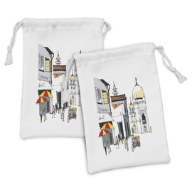 Ambesonne East Fabric Pouch Set of 2, Hand Drawn Illustration of Old Singapore Traditional Building People Umbrellas Travel, Small Drawstring Bag for Toiletries Masks and Favors, 9" x 6", Multicolor
