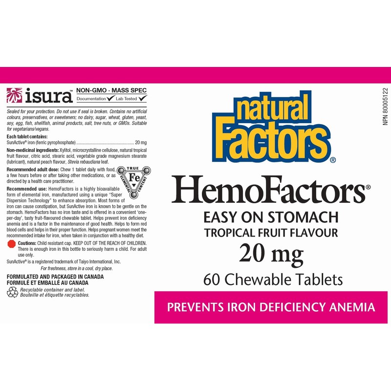 Natural Factors HemoFactors Easy on Stomach Iron 20 Milligram 60