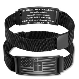Fervia Flag Cross Bible Verse Bracelets for Men Inspirational Christian Wristbands Religious Gifts Adjustable Stainless Steel Bracelet(Joshua 1:9)