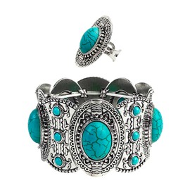 TOPACC Western Turquoise Stretch Bracelet for Women with ring Silver Bangle Bracelet Turquoise Jewelry Set for Western Outfit