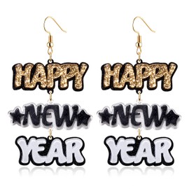 New Years Earrings for Women Acrylic Happy New Years Hook Earrings Glitter Resin Acrylic Statement Letters Drop Dangle Earrings New Years Jewelry Surprise Gift Colorful