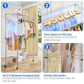 Simple Trending Heavy Duty Clothing Clothes Rack Load 450LBS, Industrial Grade Rolling Adjustable Garment Racks with Double Rods for Hanging, Chrome