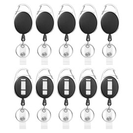 10 Pieces Retractable Badge Holder, with Carabiner Stainless Steel Reel Clip and Key Ring for ID Card Key Keychain Holders (Black)