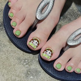 Press on Toenails with Cute Girls Designs, Artificial Green Fake Nails for Toe, Full Cover Glossy Coffin Acrylic False Nails, Glue on Toenails with Charm, Stick on Toe Nails for Women Girls(J198)