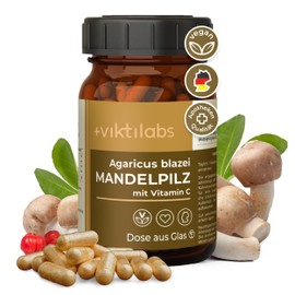 Viktilabs© Almond Mushroom - Agaricus Blazei - Capsules High Dose - 400 mg Almond Mushroom Extract + 110 mg Powder per Capsule Vitamin C from Acerola Cherries | 2 Month Supply | Developed in Germany