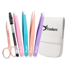 Candure Tweezers Set for Great Precision & Perfect Grip - Eyebrow Tweezers & Eyebrow Scissors with Double Sided Eyebrow Brush for Ingrown Hair, Blackheads, Splitters, Blackheads, Blackheads