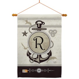 Nautical R Initial House Flag Dowel Set Monogram Coastal Anchor Sailor Sea Shells Outdoor Summer Ocean Small Decorative Gift Yard Banner Double-Sided Made In USA 28 X 40