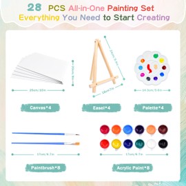 4 Pack 8x10 Inch Canvas and Easel Set, Sip and Paint Kit for Adults,Art Canvas Bulk with Easels Stands, Trays,Small Paint Brushes,12 Colors Mini Acrylic Paint Set for Couples and Party Supplies